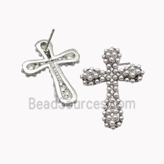 Copper Cross Stud Earrings Micropave Pearlized Resin Platinum Plated