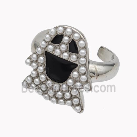 Halloween Ghost Charms Copper Rings Pave Pearlized Resin Black Enamel Platinum Plated