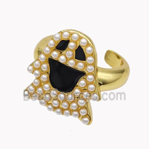 Halloween Ghost Charms Copper Rings Pave Pearlized Resin Black Enamel Gold Plated