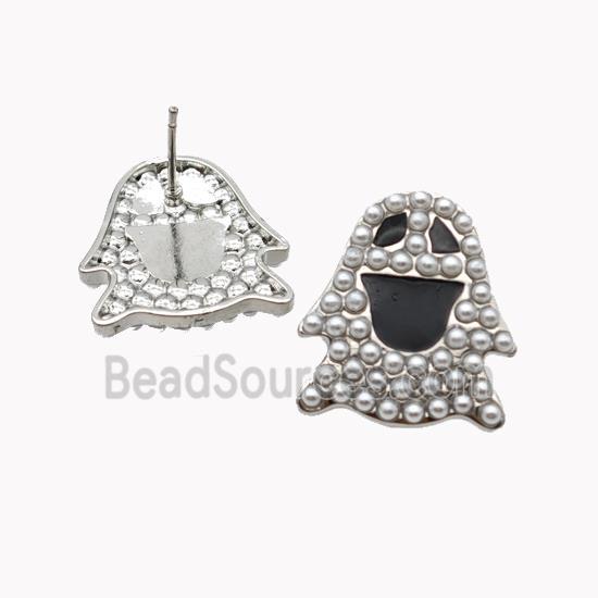 Halloween Ghost Charms Copper Stud Earrings Pave Pearlized Resin Black Enamel Platinum Plated