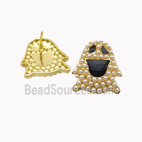 Halloween Ghost Charms Copper Stud Earrings Pave Pearlized Resin Black Enamel Gold Plated