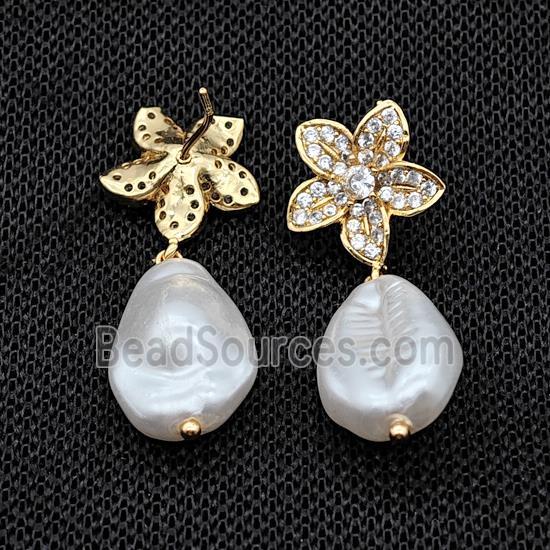Copper Flower Stud Earrings With Pearlized Resin Gold Plated