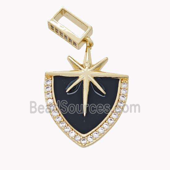 Copper Shield Star Pendant Pave Zirconia Black Enamel Gold Plated