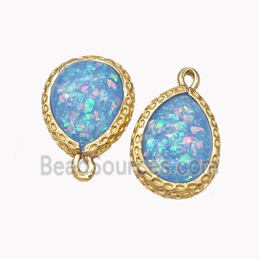 Blue Fire Opal Copper Pendant Teardrop Gold Plated