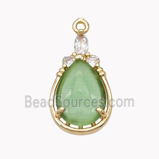 Copper Teardrop Pendant Pave Green Cateye Glass Gold Plated