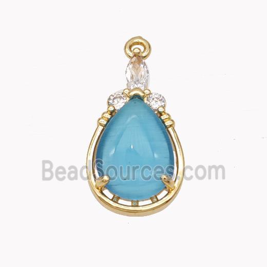 Copper Teardrop Pendant Pave Blue Cateye Glass Gold Plated