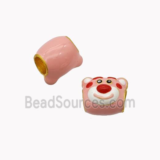 Copper Bear Beads Pink Enamel Large Hole Cartoon Gold Plated