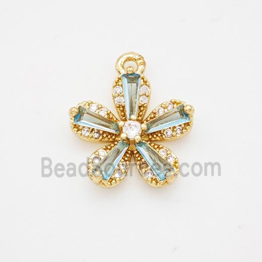 Copper Flower Pendant Pave Blue Crystal Glass Zirconia Gold Plated