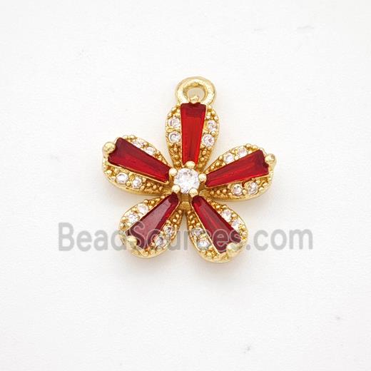 Copper Flower Pendant Pave Red Crystal Glass Zirconia Gold Plated