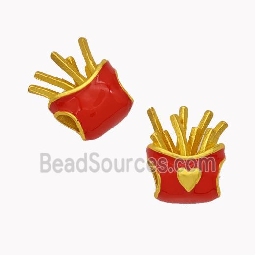 French Fries Charms Copper Food Beads Red Enamel Large Hole Gold Plated