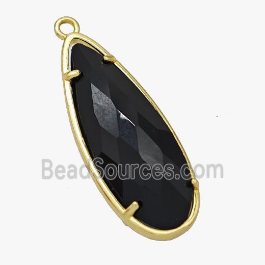 Black Crystal Glass Teardrop Pendant Faceted Gold Plated