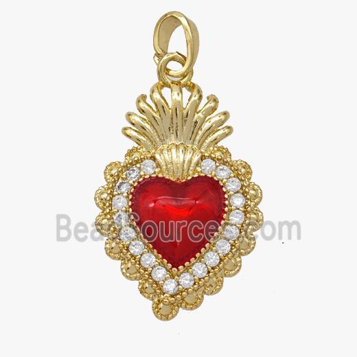 Copper Heart Pendant Pave Zirconia Red Painted Gold Plated