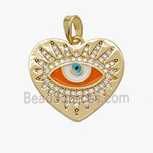 Copper Heart Evil Eye Pendant Pave Zirconia Orange Enamel Gold Plated
