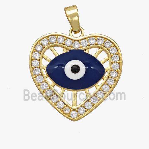 Copper Heart Evil Eye Pendant Pave Zirconia Blue Enamel Gold Plated