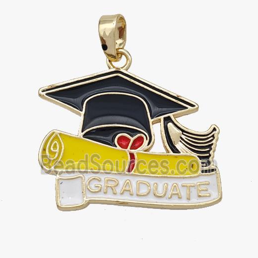 Copper Graduate Cap Pendant Black White Enamel Bachelor Gold Plated