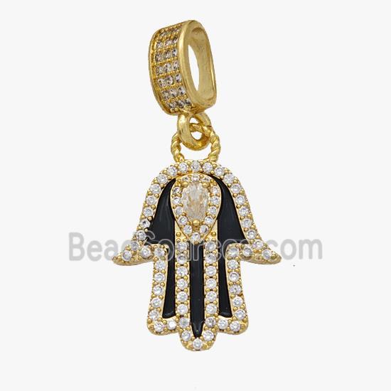 Copper Hamsa Hand Pendant Pave Zirconia Black Enamel Gold Plated