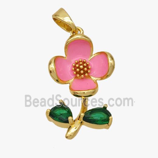 Copper Flower Pendant Pave Crystal Glass Pink Enamel Gold Plated