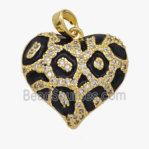 Copper Heart Pendant Micropave Zirconia Black Enamel Gold Plated