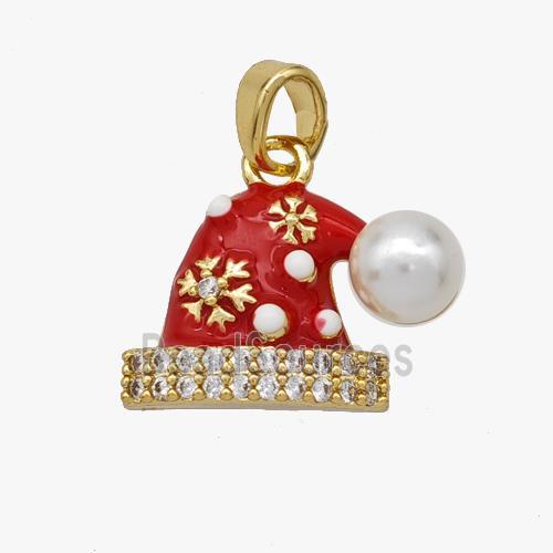 Christmas Hat Charms Copper Pendant Pave Zirconia Resin Red Enamel Gold Plated