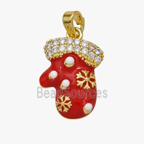 Christmas Mitten Charms Copper Pendant Pave Zirconia Red Enamel Gold Plated