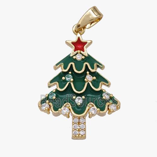 Christmas Tree Copper Pendant Pave Zirconia Green Enamel Gold Plated