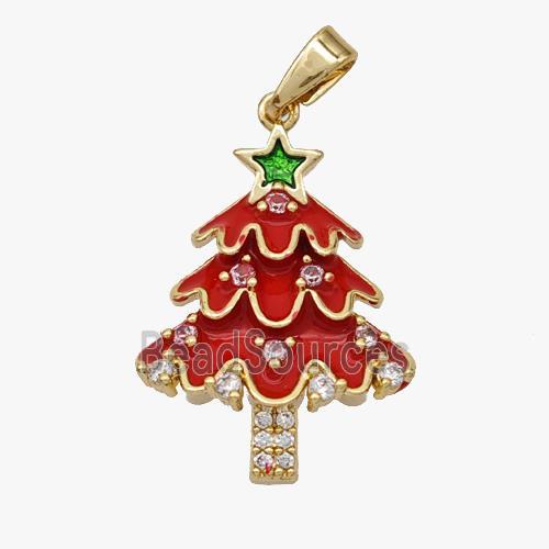 Christmas Tree Copper Pendant Pave Zirconia Red Enamel Gold Plated