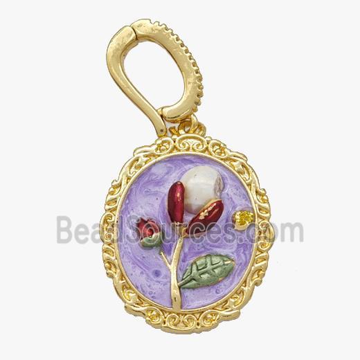 Copper Flower Pendant Pave Pearl Purple Painted Gold Plated