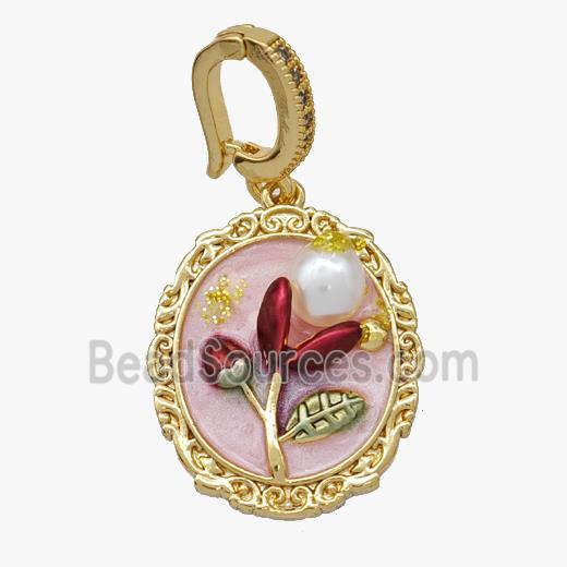 Copper Flower Pendant Pave Pearl Painted Gold Plated