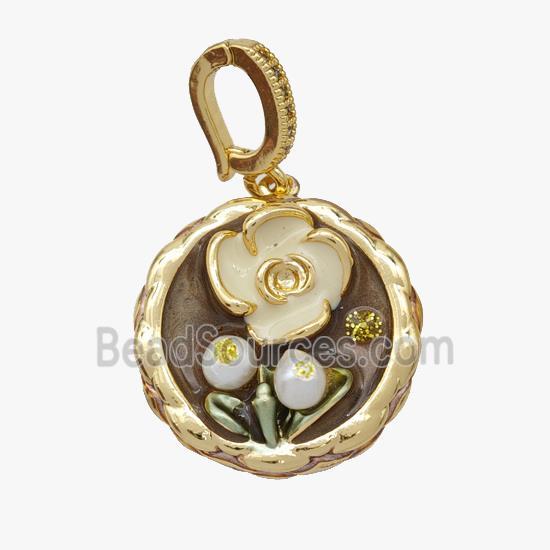 Copper Flower Pendant Pave Pearl Painted Gold Plated