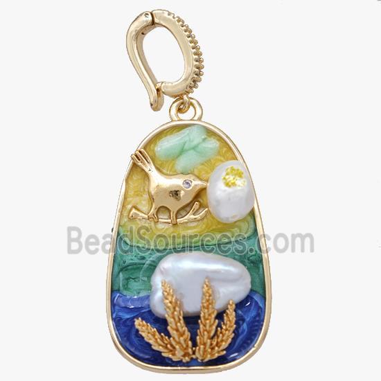 Copper Birds Pendant Pave Pearl Painted Gold Plated