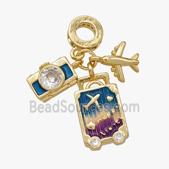 Copper Airplane Travel Box Camera Pendant Pave Zirconia Painted Gold Plated