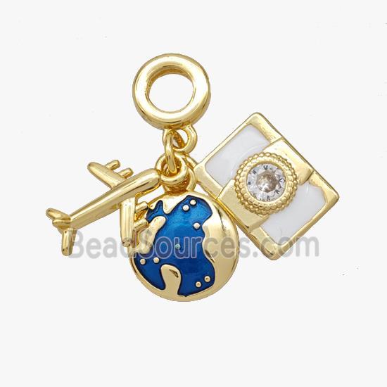 Copper Airplane Camera Earth Pendant Pave Zirconia Painted Gold Plated