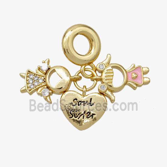 Copper Kids And Heart Pendant Pave Zirconia Painted Gold Plated