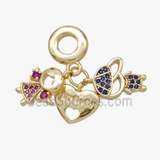 Copper Kids And Heart Pendant Pave Zirconia Gold Plated