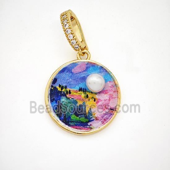 Picture Of Landscape Charms Copper Circle Pendant Pave Pearlized Resin Painted Gold Plated