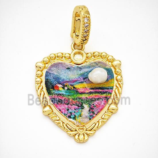 Picture Of Landscape Charms Copper Heart Pendant Pave Pearlized Resin Painted Gold Plated