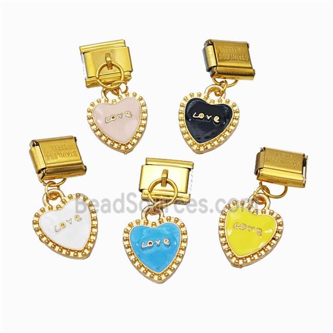 Stainless Steel Element For Module Bracelet With Copper Heart Pendant Enamel Gold Plated Mixed