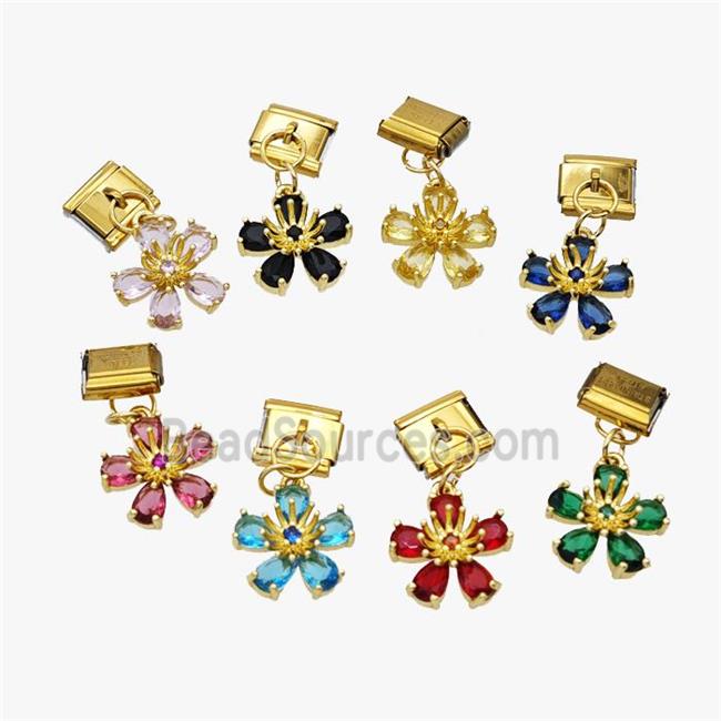 Stainless Steel Element For Module Bracelet With Crystal Glass Flower Pendant Gold Plated Mix