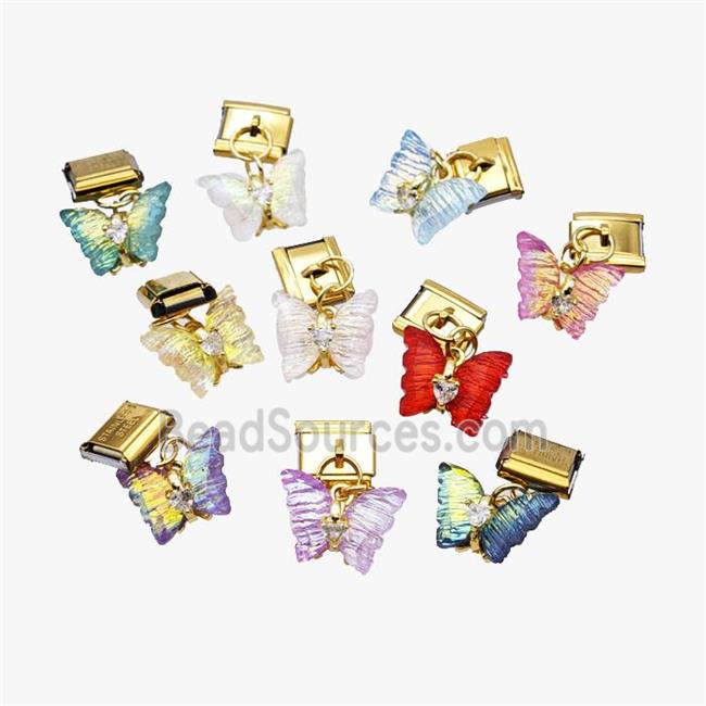 Stainless Steel Element For Module Bracelet With Acrylic Butterfly Pendant Gold Plated Mix