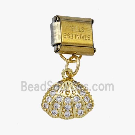 Stainless Steel Element For Module Bracelet With Copper Scallop Pendant Pave Zirconia Gold Plated