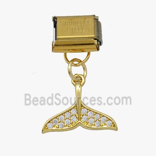 Stainless Steel Element For Module Bracelet With Copper Shark-tail Pendant Pave Zirconia Gold Plated