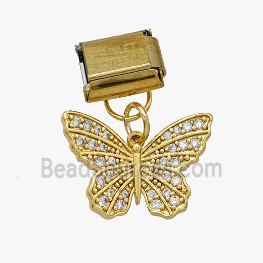 Stainless Steel Element For Module Bracelet With Copper Butterfly Pendant Pave Zirconia Gold Plated