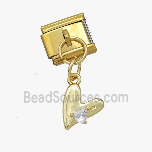 Stainless Steel Element For Module Bracelet With Copper Heart Pendant Pave Zirconia Gold Plated