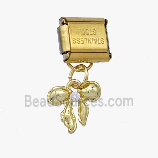 Stainless Steel Element For Module Bracelet With Copper Bow Pendant Pave Zirconia Gold Plated