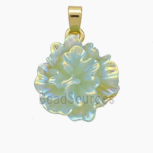 Resin Flower Pendant Green AB-Color Gold Plated