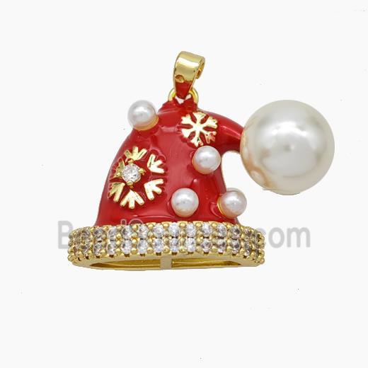 Christmas Hat Charms Copper Pendant Pave Pearlized Resin Red Enamel Gold Plated