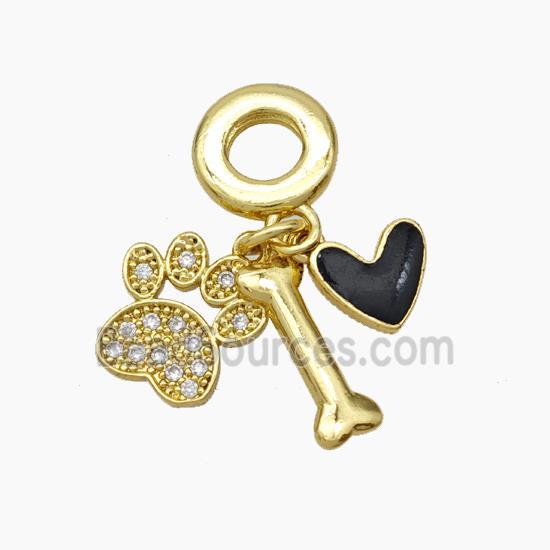 Copper Dogbone Paw Heart Pendant Pave Zirconia Black Enamel 18K Gold Plated