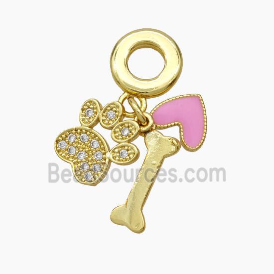 Copper Dogbone Paw Heart Pendant Pave Zirconia Pink Enamel 18K Gold Plated