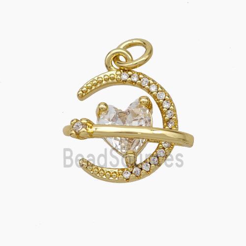 Copper Moon Pendant Pave Zirconia Heart Gold Plated