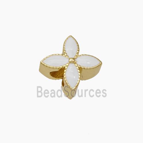 Copper Clover Beads White Enamel Large Hole Gold Plated